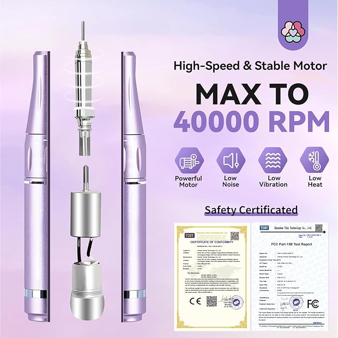 SAVILAND High Speed Nail Drill 40000 RMP: Diamond Shiny Electric Nail File 2600 mAh Rechargeable Nail Drill Kit for Thick Acrylic Nails Removal with Ceramic Drill Bits Sanding Bands Nail Tech Salon