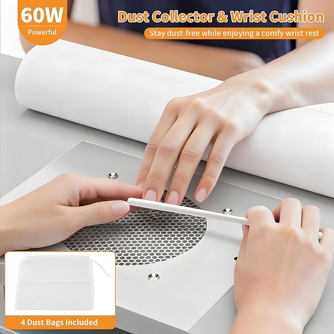 Manicure Table with Dust Collector, L-Shaped Nail Desk with Mobile Desktop, LED Light, Glass Display Rack, Storage Cabinets and Drawers for Home Spa Beauty Salon Nail Station, White