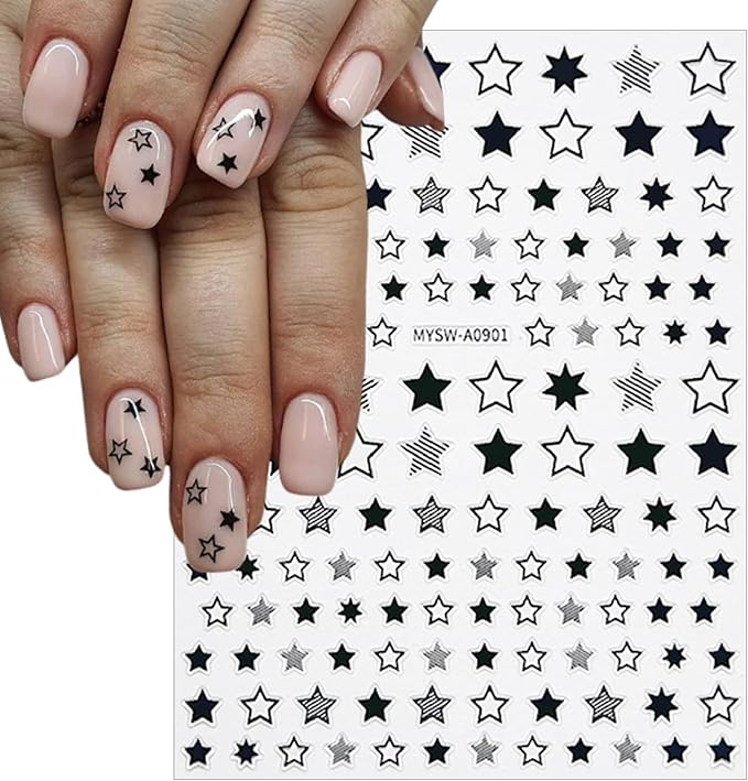 9 Sheets Shiny Twill Star Nail Stickers 3D Self-Adhesive Holographic Laser Color Gold and Silver Five-Pointed Star Design Women Girls Nail Art Decoration