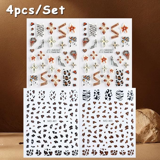 Flower 5D Embossed Nail Art Stickers Decals, 4 Sheets Autumn Winter Brown Hibiscus Flowers Tropical Floral Leopard Print Nail Art Design Self-Adhesive Nail Supplies for Women Girls