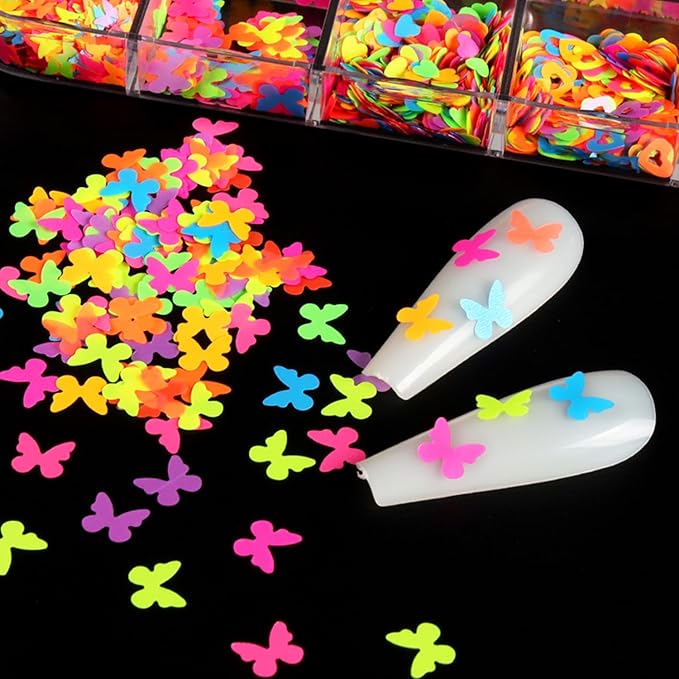 Luminous Nail Art Sequins, Fluorescent 3D Nail Glitter Flakes Design, Butterfly Flowers Stars Heart Letters Nail Decorations Holographic Acrylic Supplies Accessories False Nails Manicure Confetti Kit