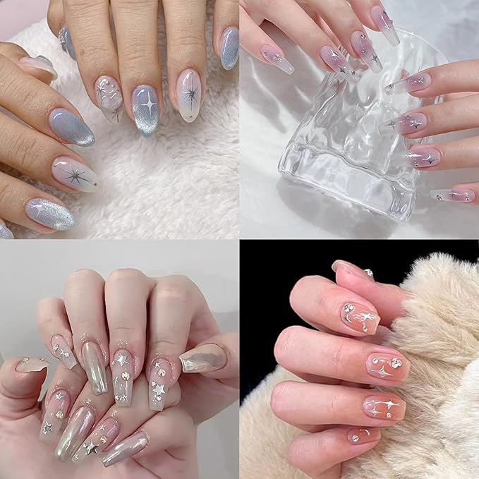 6 Sheets Metallic Mirror Star Nail Art Stickers 3D Shiny Silver Hollow Out Heart Nail Decals French Silver Glitter Star Moon Nail Designs Sticker for Women DIY Manicure Decoration