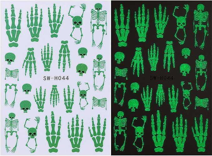 Glow in The Dark Nail Art Stickers Halloween Skull Nail Decals 6PCS Spider Web Skeleton Nails Design 3D Self-Adhesive Nail Art Supplies Halloween Stickers for Nails Luminous for Women DIY Manicure