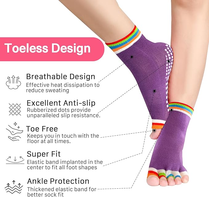 Women's Toe Separator Yoga Socks 5-Pack - Non-Slip Grips, Barefoot Pilates Socks with Open Toes, Breathable Cotton for Barre, Dance, Studio - Fits US 5.5-9.5 + Storage Bag