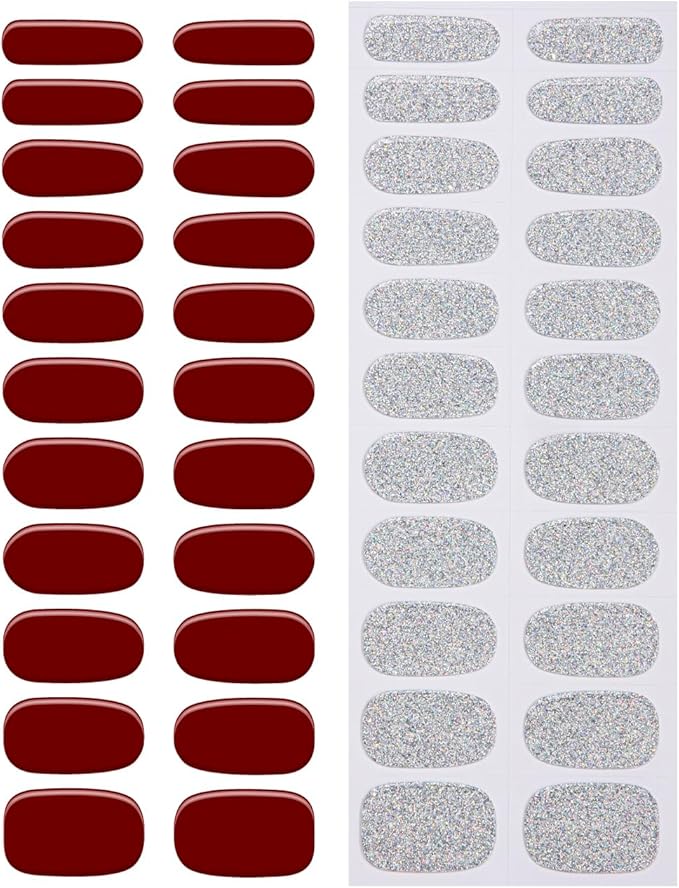 No Lamp Gel Nail Strips 44 Pcs Wraps - Burgundy+Silver, Easy Apply Gel Nail Stickers Long Lasting, Salon-Quality, 4 Prep Pads, 2 File, 2 Wooden Stick