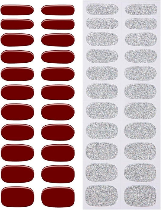 No Lamp Gel Nail Strips 44 Pcs Wraps - Burgundy+Silver, Easy Apply Gel Nail Stickers Long Lasting, Salon-Quality, 4 Prep Pads, 2 File, 2 Wooden Stick