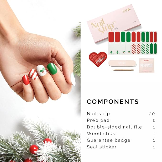 NAILOG 20 Pcs Gel Nail Strips - Extra Long Nail Wraps with Glossy Gel Finishing Green, Festive Fir
