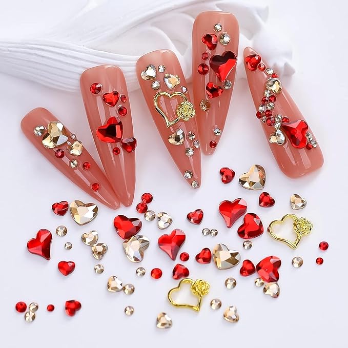 767Pcs Valentine's Day Nail Art Charms Gold Red Heart Rhinestones for Acrylic Nails Gems for Women Girls DIY Manicure Decoration