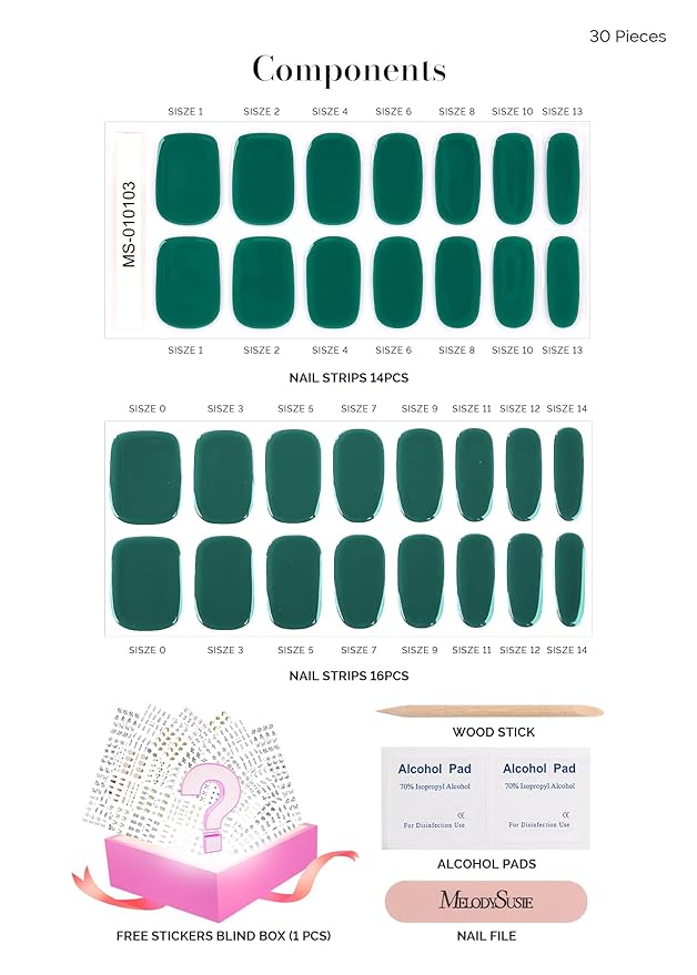 MelodySusie Green Gel Nail Strips, 30 Pcs, Salon Quality, Long Lasting, Includes Prep Pads, Nail File, Wooden Stick
