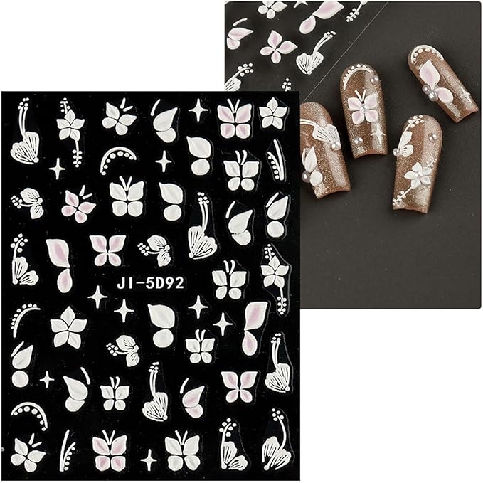 JMEOWIO 6 Sheets 3D Embossed Flower Butterfly Nail Art Stickers Decals Self-Adhesive Pegatinas Uñas 5D White Spring Floral Nail Supplies Nail Art Design Decoration Accessories
