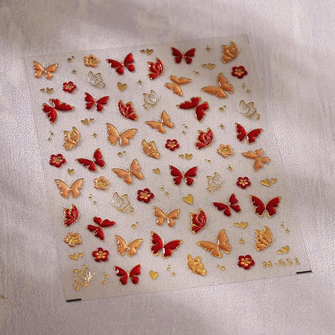 5D Embossed Butterfly Nail Art Stickers - Red & Gold Butterfly Nail Decals for DIY Manicure