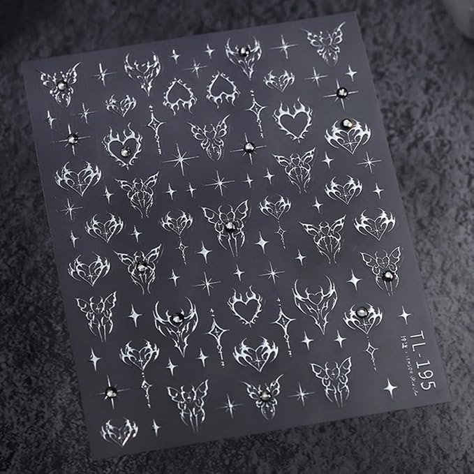 Silver Star Nail Art Stickers 5D Self Adhesive Heart Butterfly Nail Stickers for Nail Art Silver Nail Decals Rhinestone Design Star Nail Supplies for Women Girls