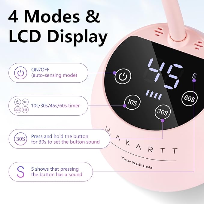Makartt UV LED Nail Lamp - Gooseneck UV Light for Gel Nails Cherie Cordless USB 39W Nail Dryer Gel Lamp with 4 Times & Auto Sensor Professional Fast Flash Curing Polish Nail Art
