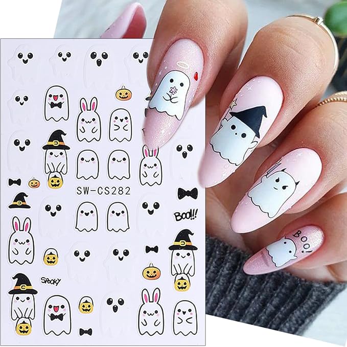 8Pcs Halloween Nail Stickers Cute Rabbit Ghost Nail Decals 3D Self Adhesive Pumpkin Spider Web Design Fall Nail Art Stickers Horror Ghost Nails Supplies French Sticker for Holiday Manicure Decoration
