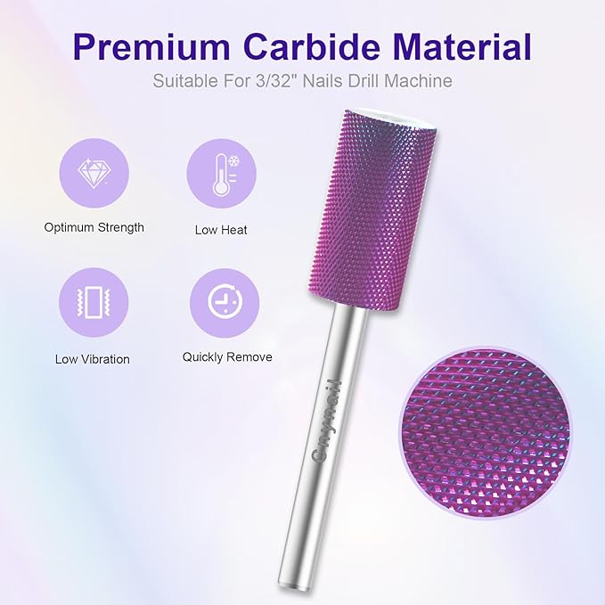 3/32" Large Barrel Bit Tungsten Carbide Nail Drill Bit Safety Bit for Gel & Acrylic Removal, 2- Way Rotating Efile Tip, Salon Electric File Accessory (XF Girt, Purple)