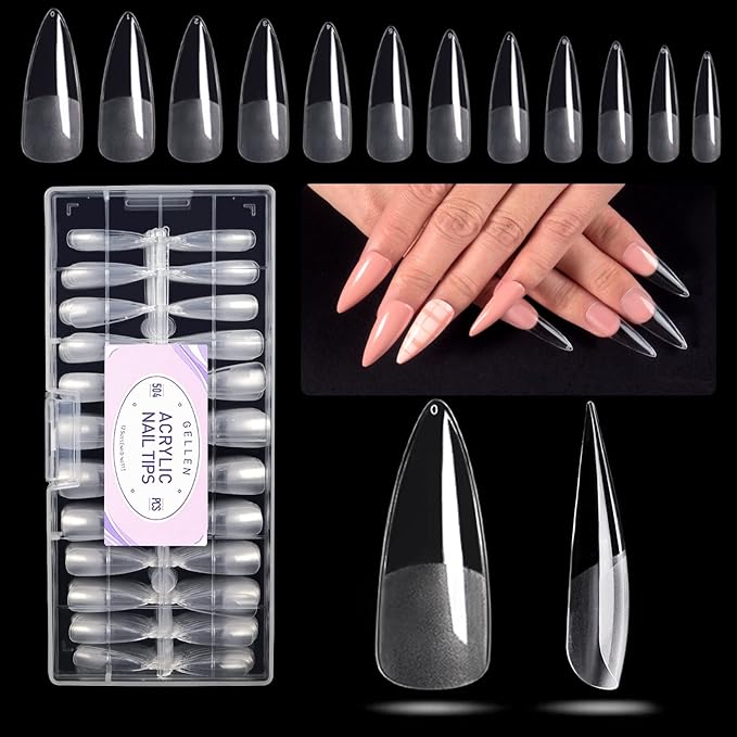 Gellen Stiletto Fake Nails 504Pcs Nail Tips, Acrylic Nail Kit Stiletto Pre-Shaped Press On Nails, Clear False Nail Extension Kit, Full Cover Soft Gel Nail Tips, Salon Nail Art Manicure Set, 12 Sizes