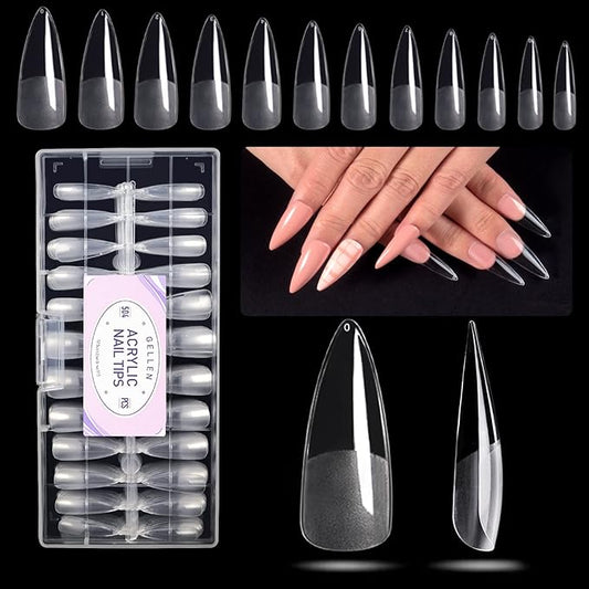Gellen Stiletto Fake Nails 504Pcs Nail Tips, Acrylic Nail Kit Stiletto Pre-Shaped Press On Nails, Clear False Nail Extension Kit, Full Cover Soft Gel Nail Tips, Salon Nail Art Manicure Set, 12 Sizes