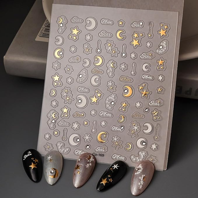 Star Crystal Diamond Nail Stickers, Rhinestones Gold Stars and Moons Nail Design,Cute Star Adhesive Stickers Art Supplies Craft French Manicure Decorations and Decal for Women