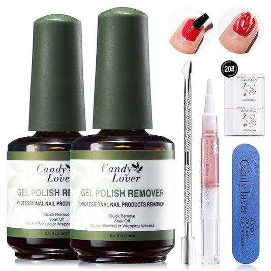 Candy Lover Gel Nail Polish Remover Kit - 2Pcs Gel Remover for Nails with Cuticle Pusher & Cuticle Oil and Nail File, Gel Polish Remover for Nails in 3-5 Minutes,No Need for Foil Soaking Or Wrapping