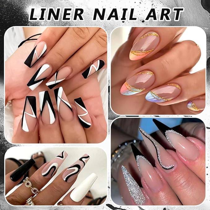 Nail Art Liner Gel Polish Set, 4 Colors Black White Glitter Gold Silver with Thin Brush for Painting Drawing Line Swirl French Tips Gel Polish Curing Requires for Home Salon