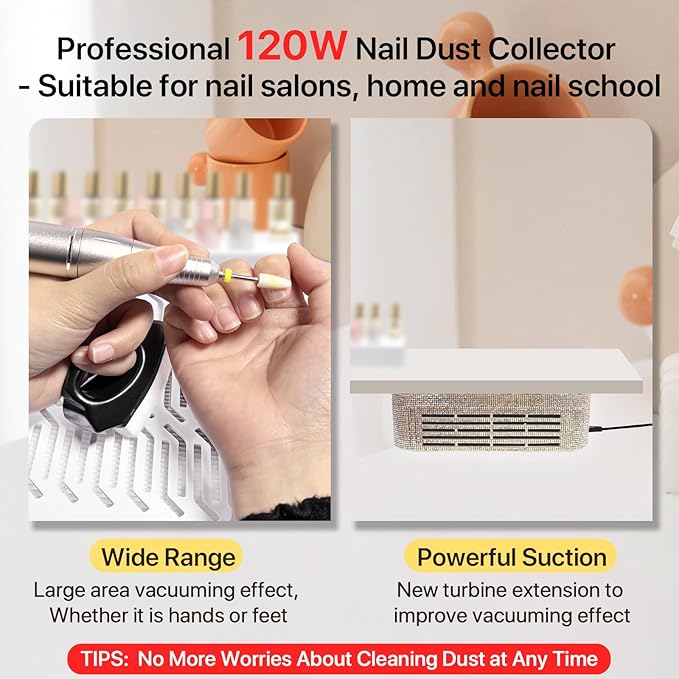 Nail Dust Collector, 120W Nail Vacuum Dust Collector (3600RPM), with Reusable Nail Dust Filters & Desktop and Portable Nail Dust Brush, Perfect for Nail Techs & Home's Salon, Diamond Surface
