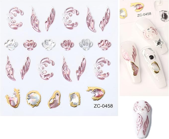 5 Sheets 5D Bronzing Nail Art Stickers Decals,Fishtail Shell Embossed Self-Adhesive Nail Sticker Gemstone Flower Heart Sun Gold Metal Design Nail Art Supplies for Nail DIY Decoration for Women