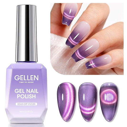 GELLEN Cat Eye Gel Polish, 18ml Magnetic Gel Polish Holographic Glitter Purple Nail Polish Gel Soak Off UV LED Shimmer Nail Gel Nail Art Manicure Gifts for Women Girls