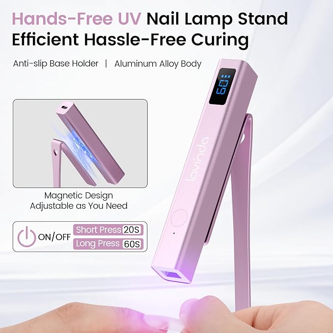 Lavinda Handheld UV Light for Gel Nails with Stand, Mini Nail Lamp with LCD Display, Portable Cordless Rechargeable UV Led Nail Lamp Nail Dryer for Fast Curing Gel Polish for Home DIY Manicure