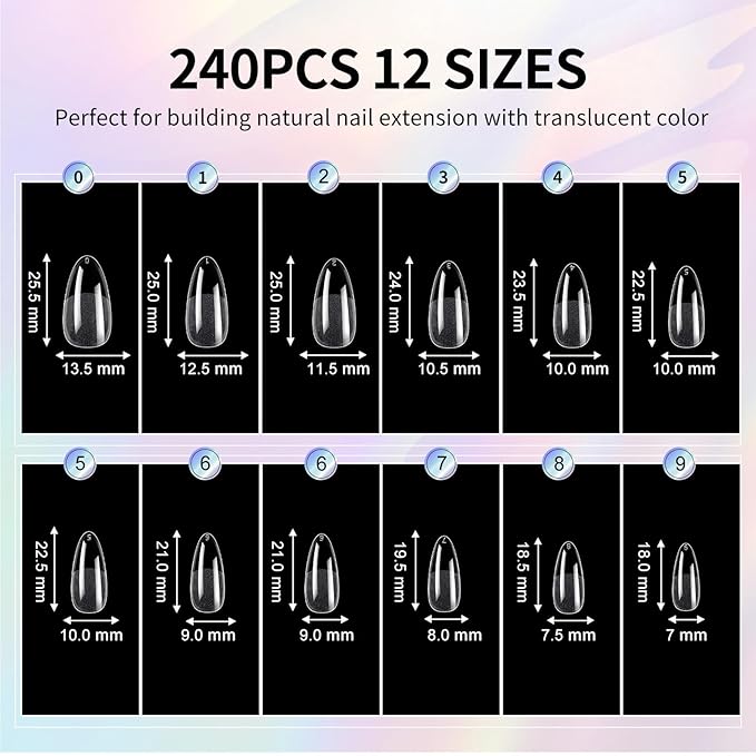 Medium Almond Nail Tips Soft Gel Nail Tips 240Pcs Pre-Shaped Pointed Almond Nails Half Matte Full Cover Acrylic Clear Fake Nails Tips for Extension Nail Art DIY Manicure Salon 12 Sizes