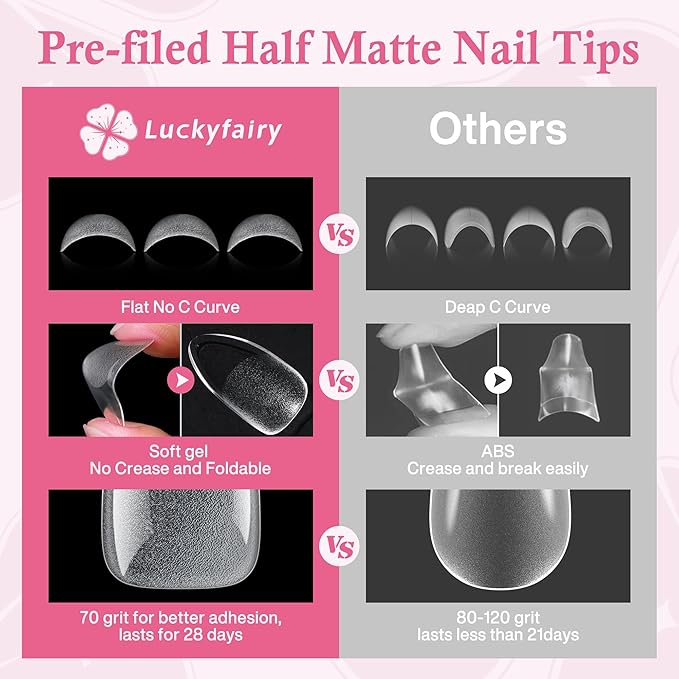 Almond Nail Tips: 504pcs Medium Almond Gel Nail Tips, Pre-shape Half Matte Short Nails Full Cover Clear Press On Acrylic Fake Nails for Nail Extension Nail Art 12 Sizes