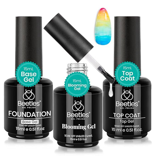 Beetles Blooming Gel & Base Top Coat Set, 3PCS 15ML Shine Finish Long Lasting No Wipe Top Coat Gel Nail Polish Base Spreading Marble Effect Soak off UV LED Nail Art Gifts for Women