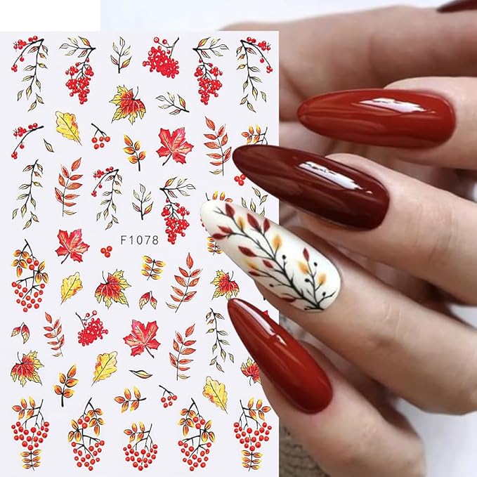 7 Sheets Fall Maple Nail Stickers for Nail Art, 3D Self-Adhesive Autumn Leaf Pumpkin Nail Decals, Mushroom Nail Supplies Nail Art Design Accessories for Women and Girls Manicure DIY Decoration
