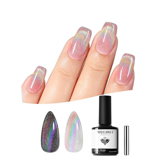 modelones Cat Eye Rainbow Gel Nail Polish Silver Glitter Holographic Glass 9D Cat Eye Gel Polish with Magnet Stick Soak Off U V Nail Lamp Summer Nail Art Top Coat Manicure Salon DIY Home 15 ML