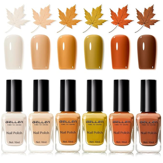 Gellen Maple Brown Nail Polish, Halloween Fall Winter Leaf Regular Nail Polish Air Dry 6-Color Set for Finger Toe Nails Home Salon Manicure Women Girl Gifts, Not UV Gel, Hema Free, Non Toxic, TPO Free