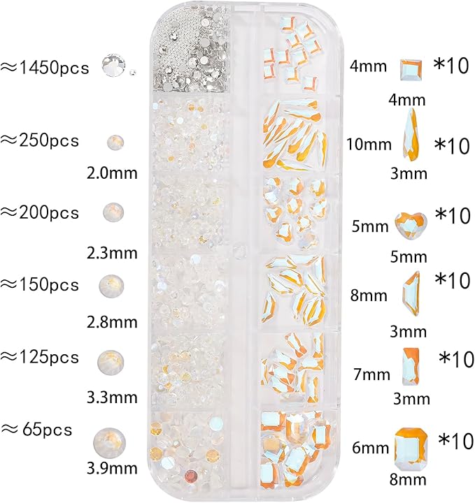 Multi Shapes Aurora 3D Glass Crystal Nail Rhinestones Kit Mix 0.8mm Silver Nail Round Beads Charm Flatback Gems 5 Grids Flatback Rhinestones Stone Diamond for Manicure Makeup DIY Decoration
