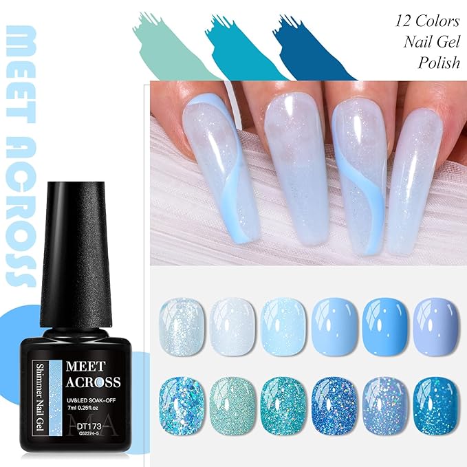MEET ACROSS 12PCS Gel Nail Polish Set, 12 Colors Gel Nail Kit Art Design Soak Off UV LED,Nail Art Design Gifts for Women (Blue, 12PCS)