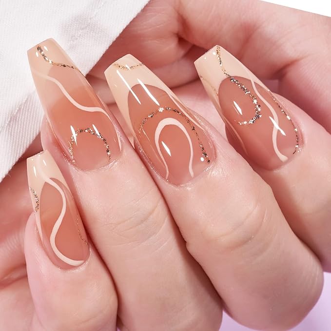 BTArtbox XCOATTIPS Gel Nail Kit - Medium Coffin Press on Nails Brown Pre-applied Tip Primer with Gel Glue and Top Coat, Fake Nails for Daily Nail Art
