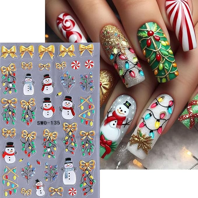 4pcs Christmas Light Strips Nail Art Stickers 5D Embossed Nail Decals Green Christmas Tree & Cute Gingerbread Man Design Xmas Nail Sticker DIY Santa Claus Snowflake Elk Snowman Manicure Decoration