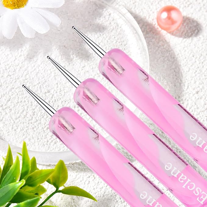 French Manicure Brush, Esclane 2 Way French Nail Brush with Dotting Tool for Manicure Cuticle Clean Up Nail Art Design, French Tip Brush (Pink, #16)