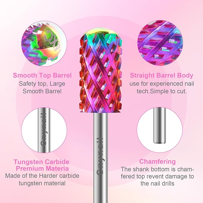 3/32" 2PCS Large Barrel Smooth Round Top Tungsten Carbide Nail Drill Bit Safety Bit for Gel & Acrylic Removal, 2-Way Rotating Efile Tip, Salon Electric File Accessory (4XC Grit, Multicolor)