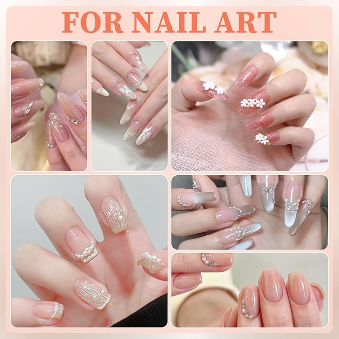 4 Boxes 3D Flower Nail Charms and Gems - White Nail Flower Charms Crystal AB Clear Gemstones Silver/Gold Caviar Beads White/AB Pearls for Women DIY Manicure Crafts (17-S4-White)
