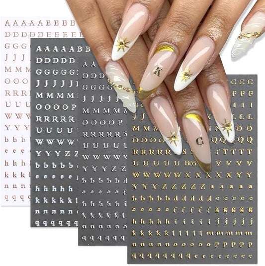 Letters Nail Art Stickers English Alphabet Nail Decals, 4 Sheets 3D Self-Adhesive Metallic Gold Silver Laser Rose Gold Alphabet Design Nail Art Supplies Manicure Decoration for Women Girls