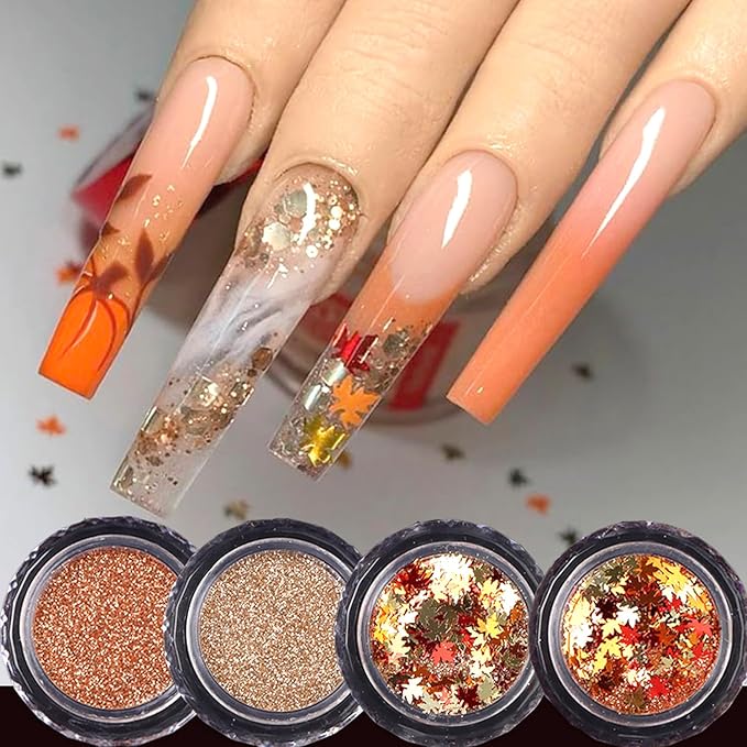 4Pcs Fall Nail Glitters 3D Gold Maple Leaf Nail Sequins with Glitter Flakes Powder Gradient Maple Leaves Shaped Sparkly Supplies for Women Manicure Charms Autumn Winter Thanksgiving Accessories Crafts