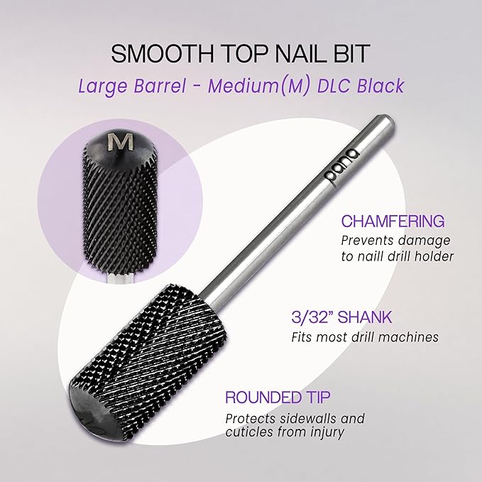 PANA 3/32" Large Smooth Round Top Safety Carbide Nail Drill Bit for Gel Polish & Acrylic Removal Nail Salon Manicure Pedicure Electric File Tools (Large Barrel - DLC Black, Medium)