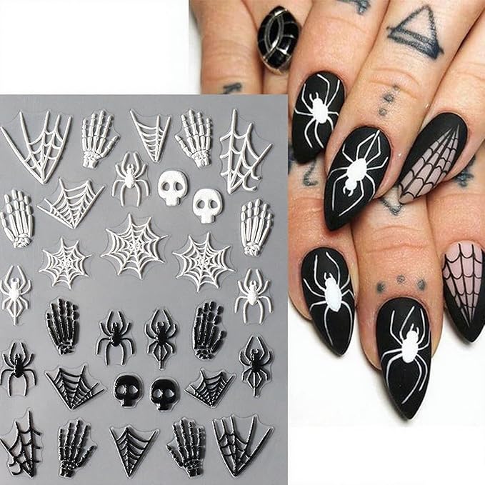 5D Halloween Nail Stickers Embossed Skeleton Spider Web Nail Decals Spooky DIY Self Adhesive Cobweb Nail Design Halloween Nail Decoration Supplies Holiday Manicure Accessories for Women Girls 3Pcs