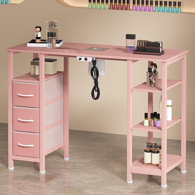 Nail Desk for Nail Tech w/Electric Dust Collector, Manicure Table w/3 Storage Drawers & 3 Open Shelves for Beauty Salon Tech Station