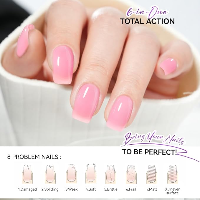 Nail Polish Strengthener and Growth Treatment: Pink Gelike EC 6 in 1 Natural Nail Hardener Extra Strong and Growth - Long Lasting Nail Repair for Damaged Nails - For Daily Work Home Salon