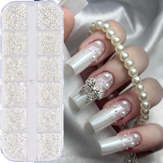 12Grids Pearls Nail Charms Nail Art Rhinestones for Acrylic Nails 3D Multi Sizes Half Round Pearl Nail Charms White Flat Back Design Nail Jewelry for Women DIY Nail Art Crafts Decoration Supplies