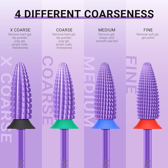 MelodySusie Typhoon Nail Drill Bits, 3/32'' Carbide Tungsten Multi-function Bits, Fast Remove Acrylic or Hard Gel for Manicure Pedicure Salon Professional or Beginner, Purple, Medium