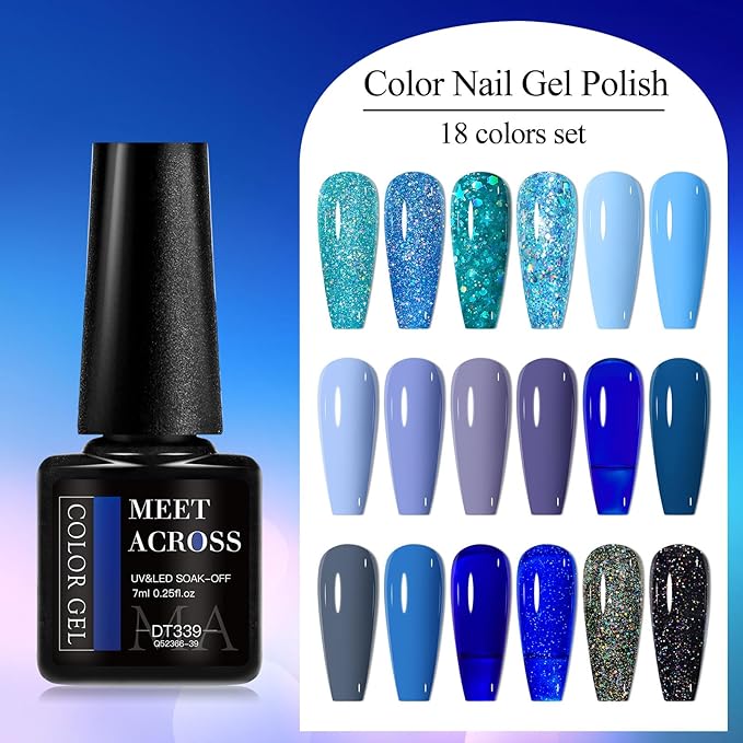 MEET ACROSS 18pcs Gel Nail Polish Set Soak Off UV LED Lamp Gel Nail Polish Kit (SET-11, 18pcs)